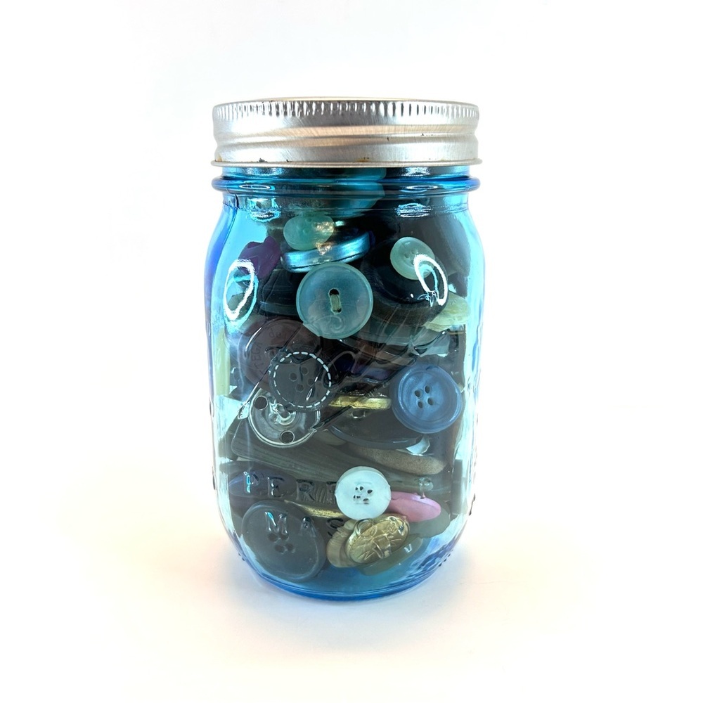 Assortment of Buttons Vintage to Now in Blue Ball Jar